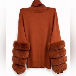 Cliché Rust Turtleneck Sweater w/ Faux Fur Statement Sleeves | Cozy Chic